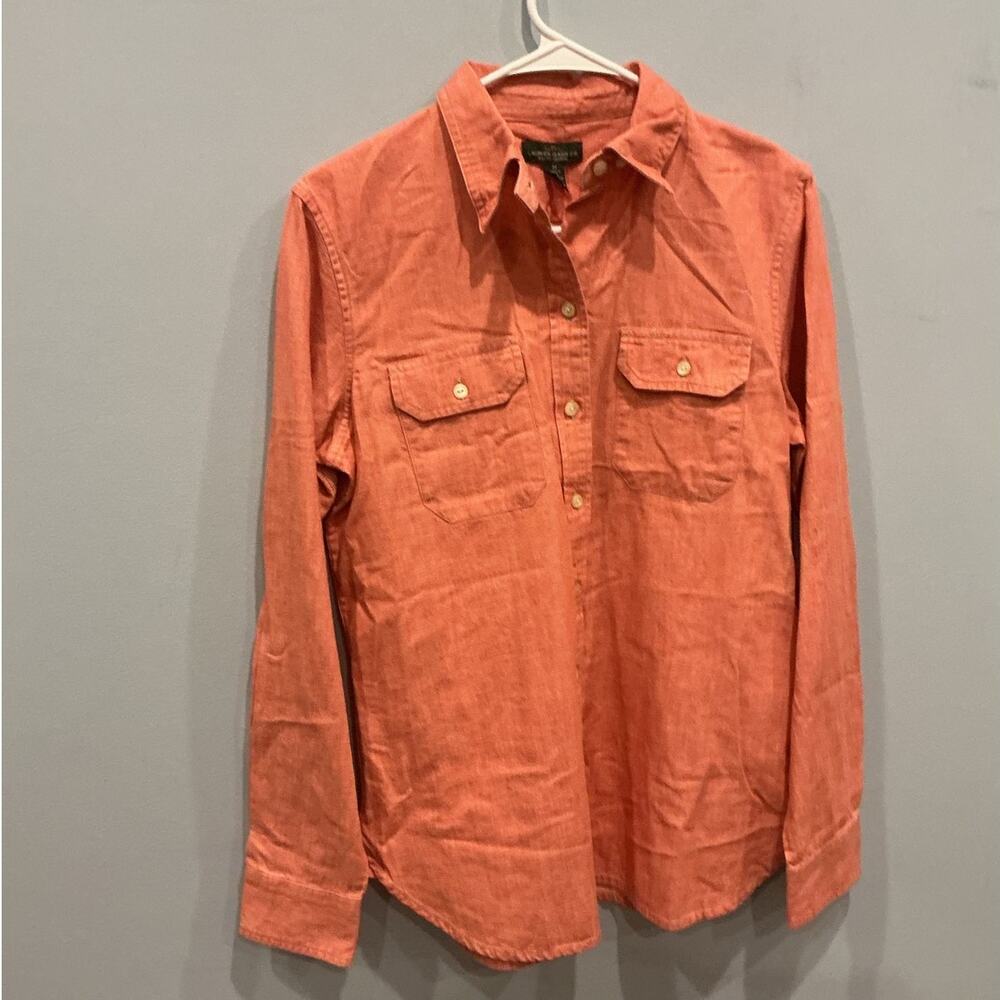 LRL Ralph Lauren Womens Button Up Shirt Size M‎ Salmon Pink Preppy Spring Cotton